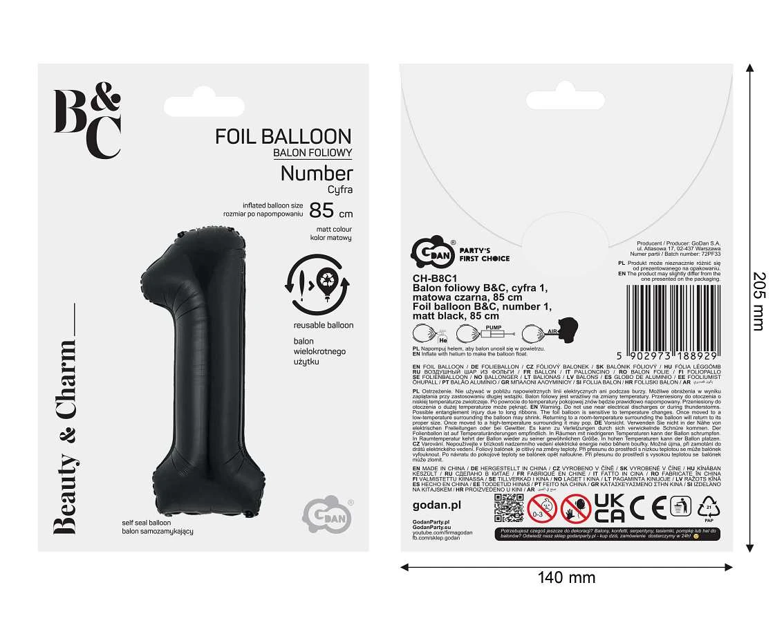 Balon foliowy B&C, cyfra 1, matowa czarna, 85 cm